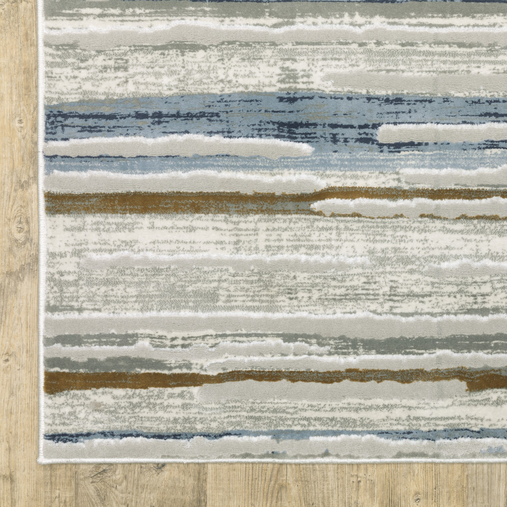 2" X 8" Grey Blue Ivory Brown Beige And Navy Abstract Power Loom Stain Resistant Runner Rug