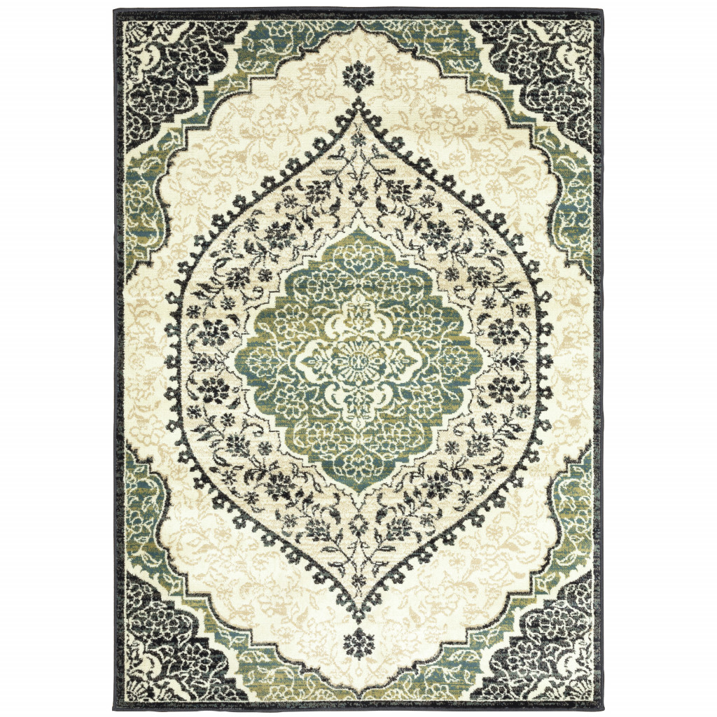 10 X 13 Ivory Navy And green Oriental Power Loom Stain Resistant Area Rug