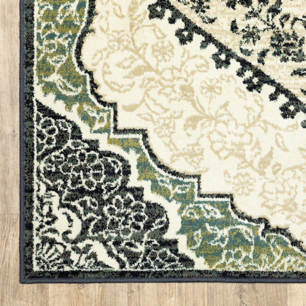 10 X 13 Ivory Navy And green Oriental Power Loom Stain Resistant Area Rug