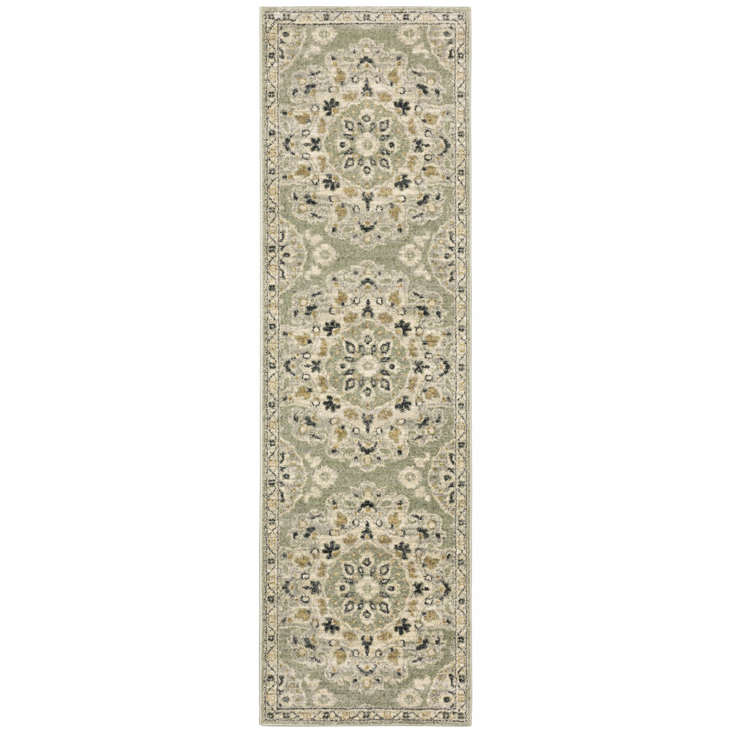 2 X 8 green Ivory grey And Tan Floral Power Loom Stain Resistant Runner Rug