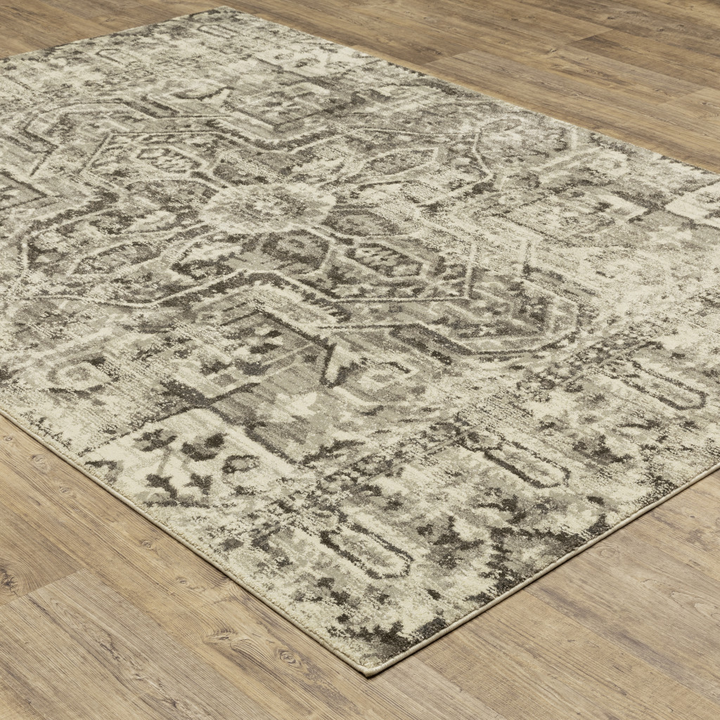 6" X 9" Grey Ivory And Brown Oriental Power Loom Stain Resistant Area Rug