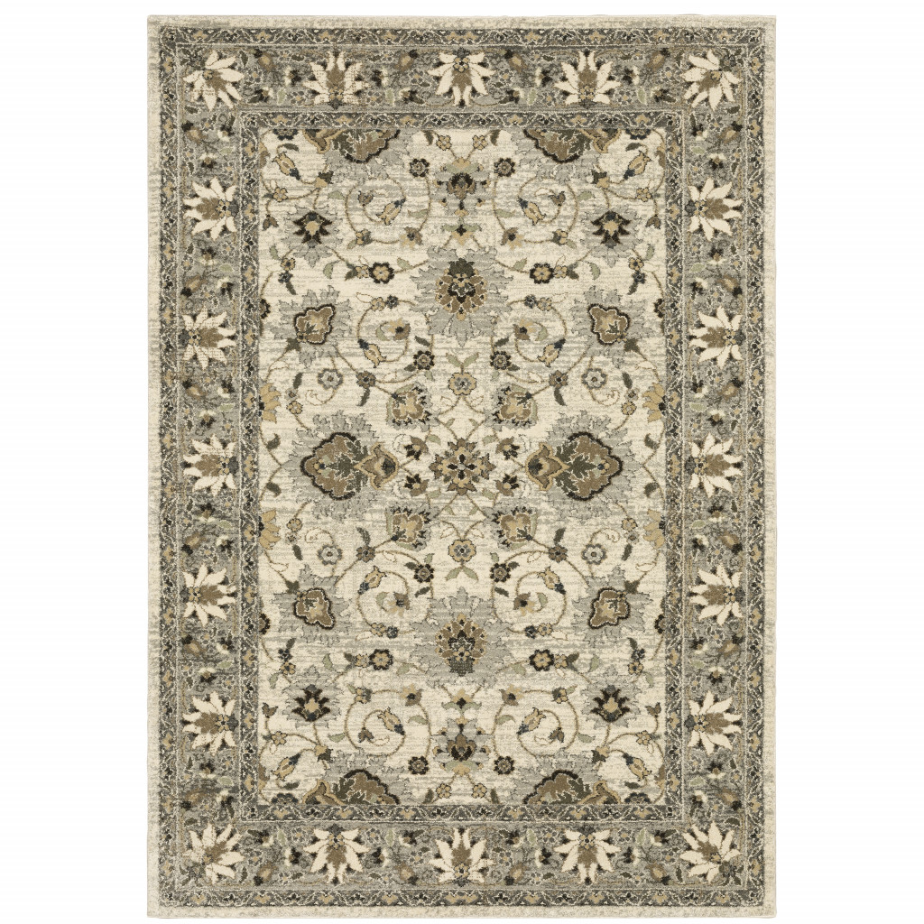 5 X 8 Beige grey Brown And charcoal Oriental Power Loom Stain Resistant Area Rug