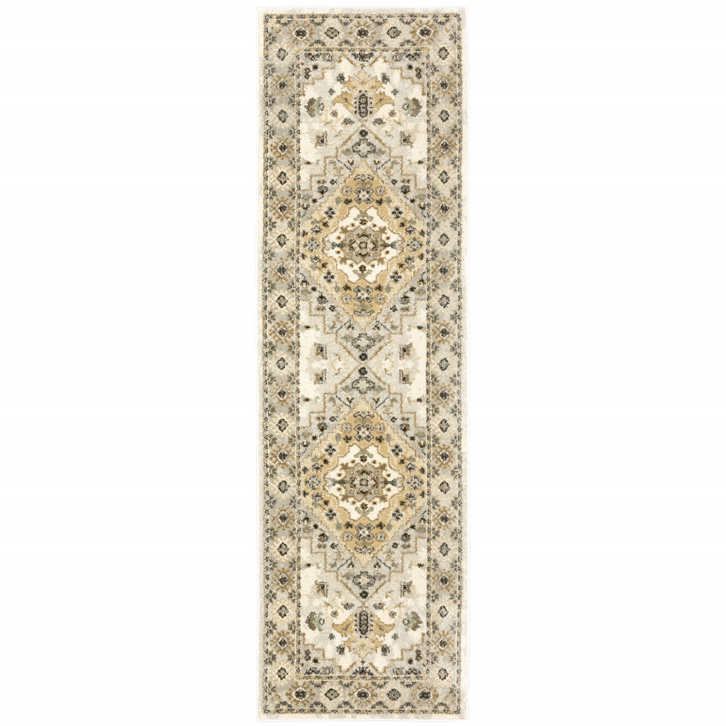 2 X 8 Beige grey Tan And Brown Oriental Power Loom Stain Resistant Runner Rug
