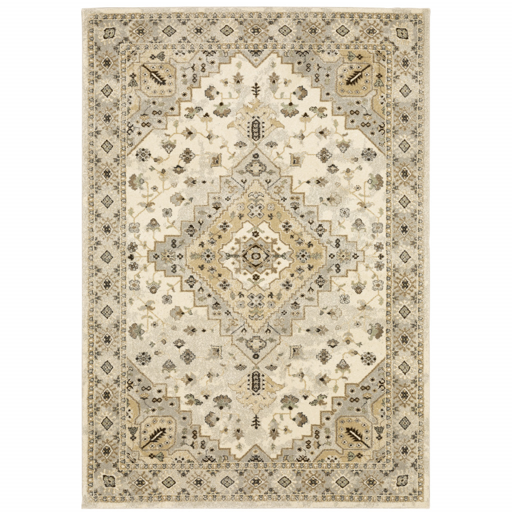 5 X 8 Beige grey Tan And Brown Oriental Power Loom Stain Resistant Area Rug