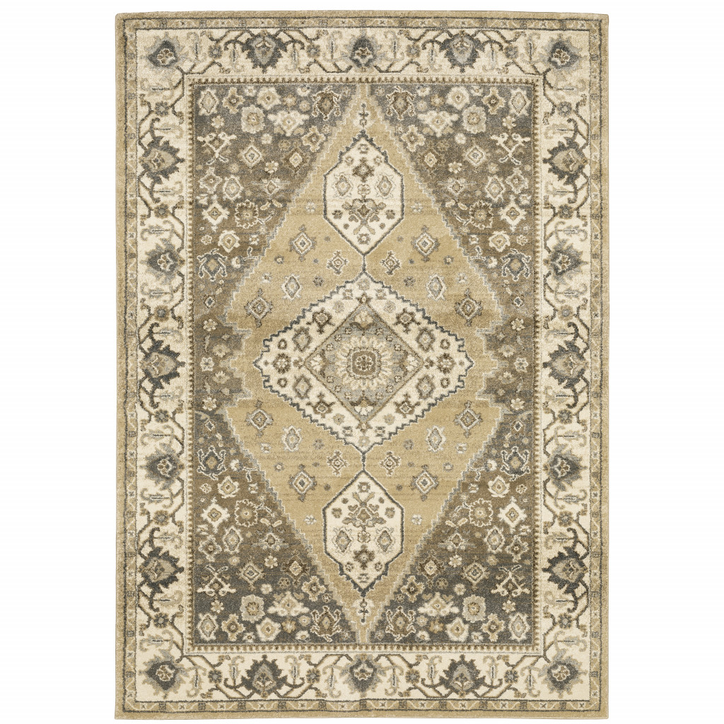5 X 8 Beige grey Tan And charcoal Oriental Power Loom Stain Resistant Area Rug
