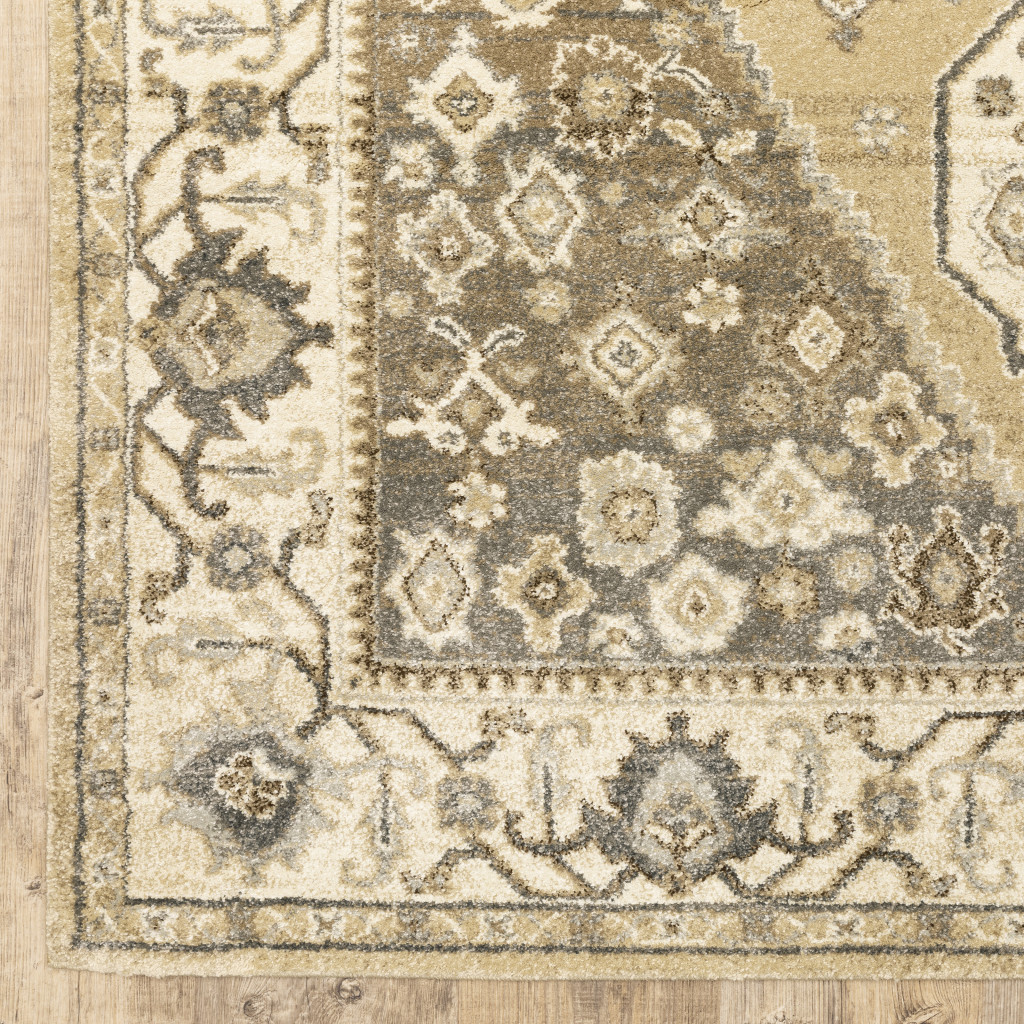5 X 8 Beige grey Tan And charcoal Oriental Power Loom Stain Resistant Area Rug