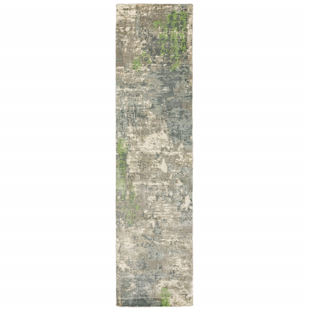 2" X 10" Blue And Green Abstract Hand Loomed Stain Resistant Runner Rug