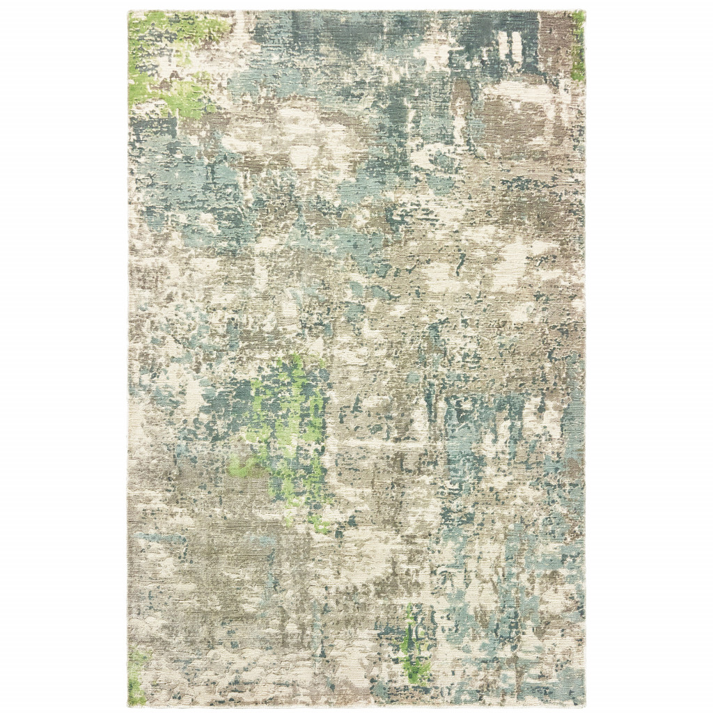 6" X 9" Blue And Green Abstract Hand Loomed Stain Resistant Area Rug