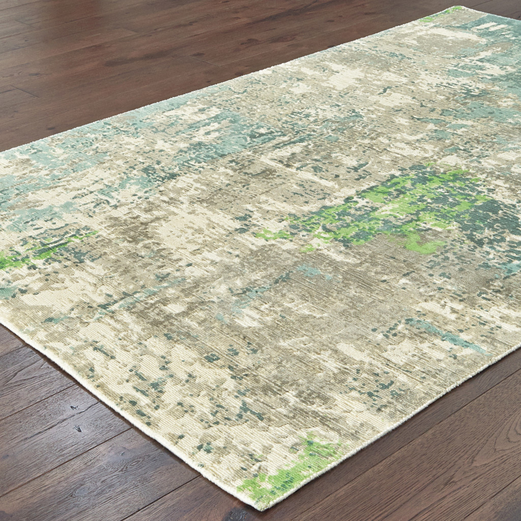 6" X 9" Blue And Green Abstract Hand Loomed Stain Resistant Area Rug
