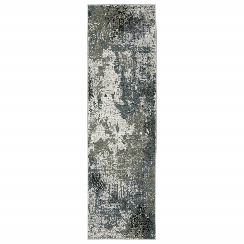 2" X 8" Ivory Grey Charcoal Blue And Navy Abstract Power Loom Stain Resistant Runner Rug