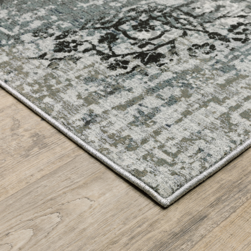 10" X 13" Ivory Grey Charcoal Blue And Navy Abstract Power Loom Stain Resistant Area Rug
