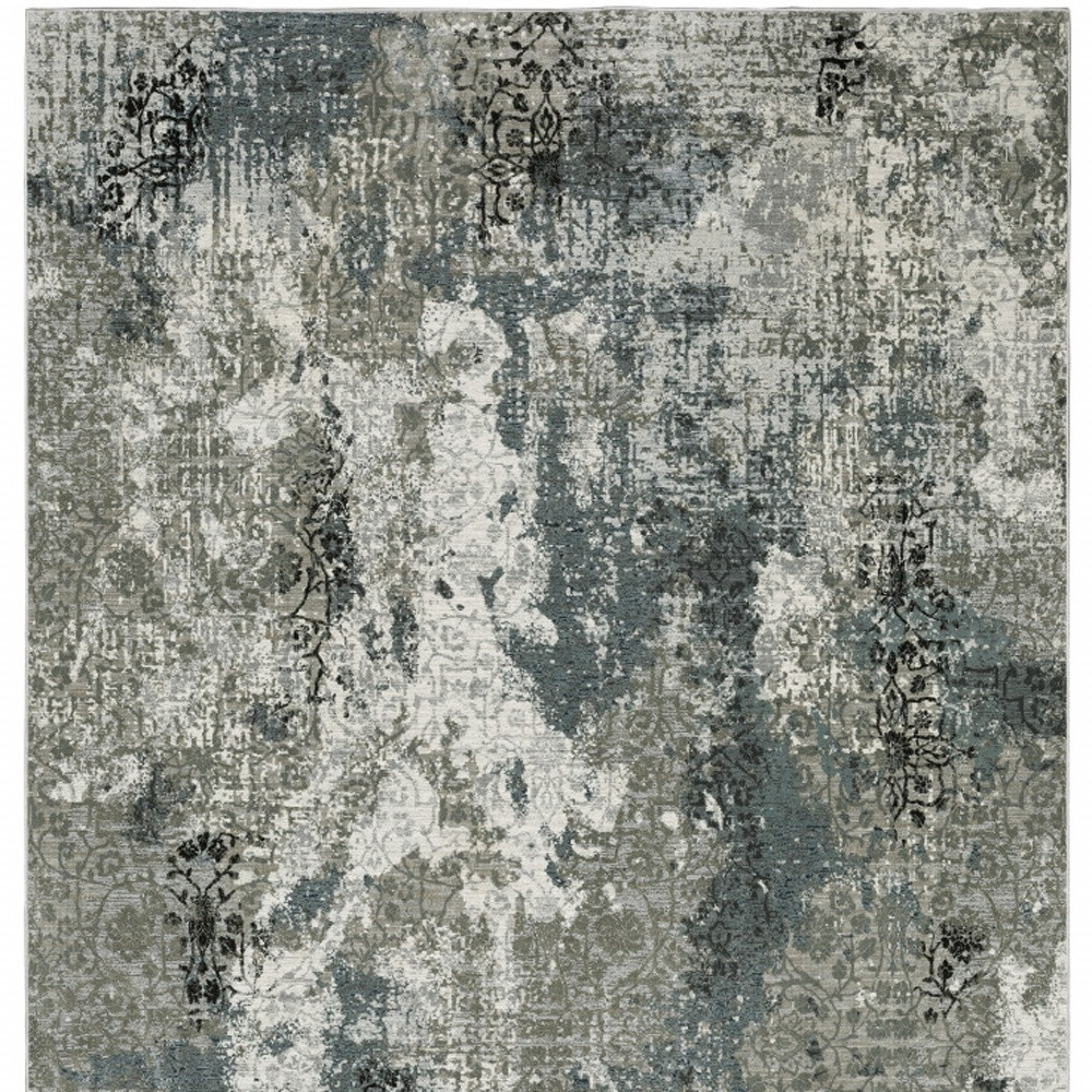 10" X 13" Ivory Grey Charcoal Blue And Navy Abstract Power Loom Stain Resistant Area Rug
