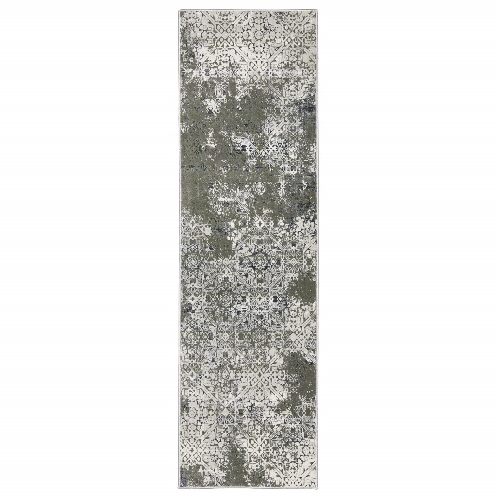 2 X 8 Ivory grey Blue And Taupe Abstract Power Loom Stain Resistant Runner Rug