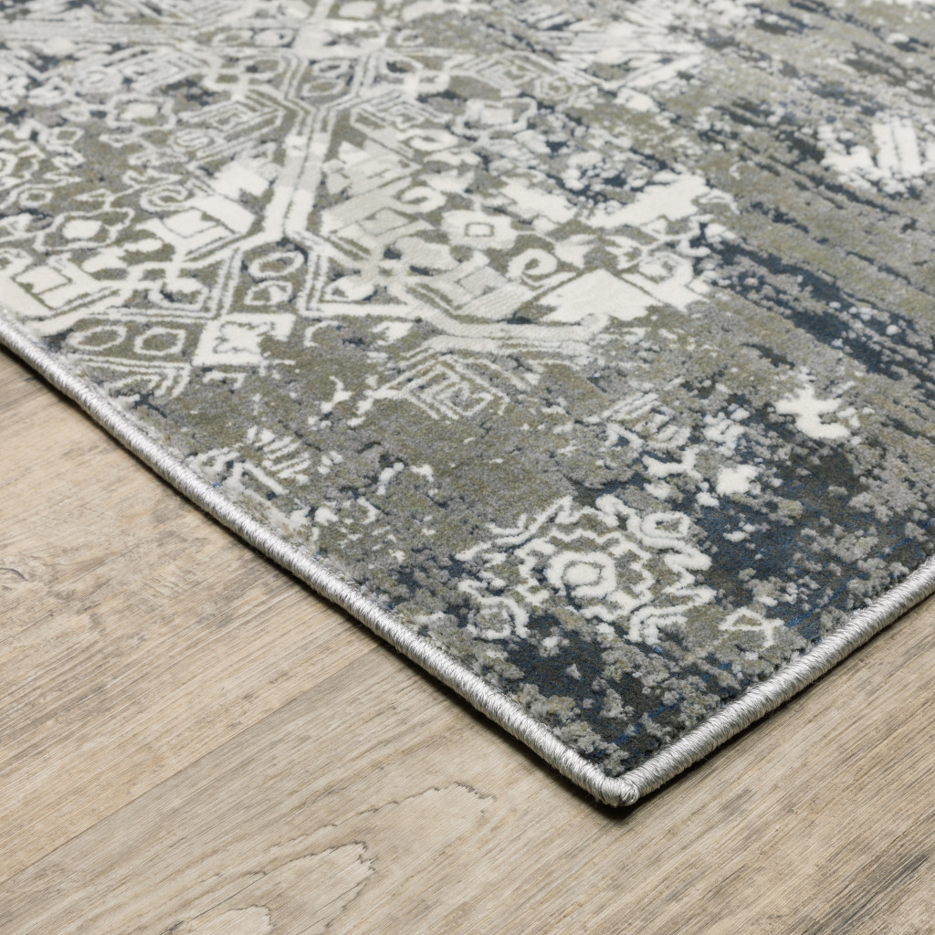 2 X 8 Ivory grey Blue And Taupe Abstract Power Loom Stain Resistant Runner Rug