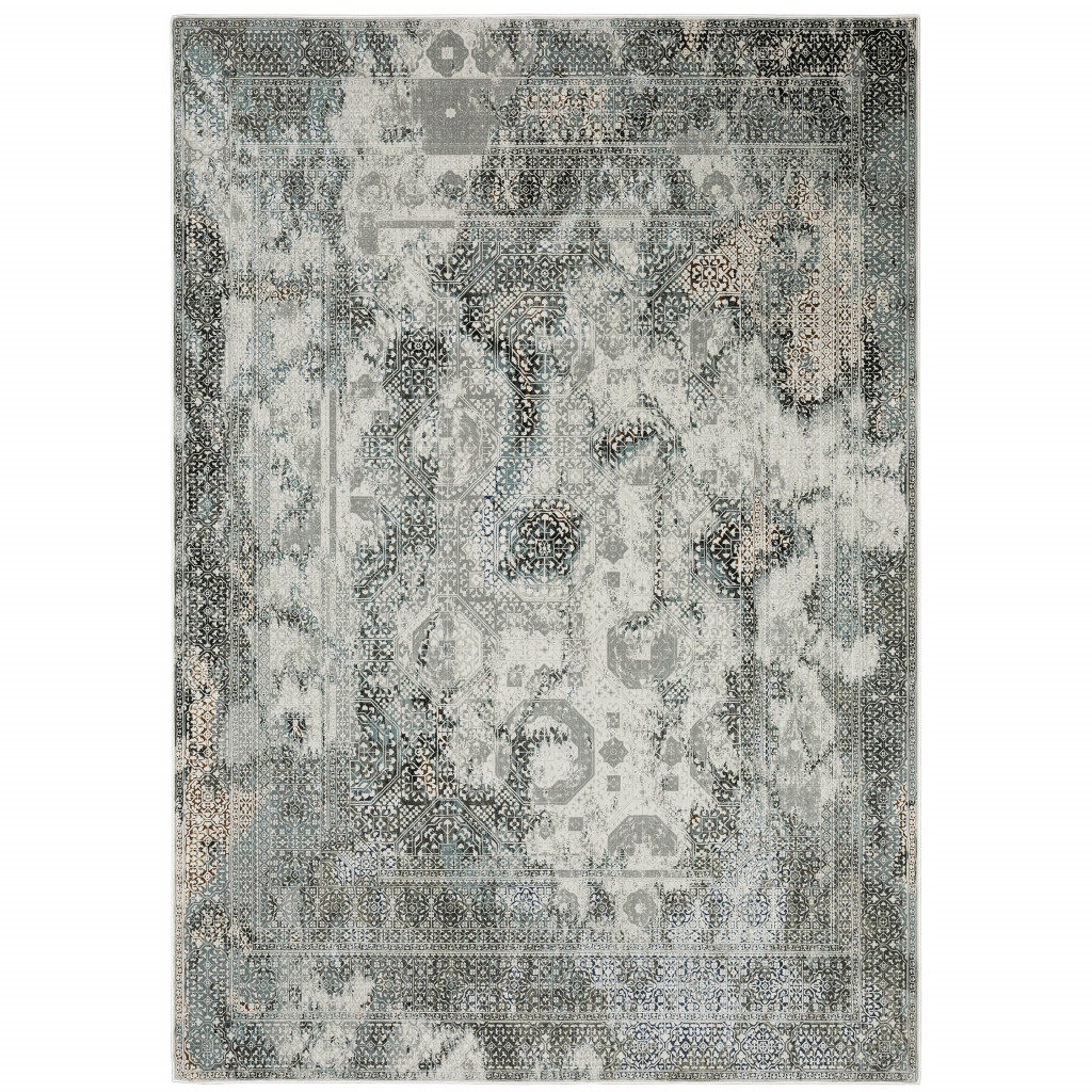5" X 8" Gray and Ivory Oriental Power Loom Area Rug