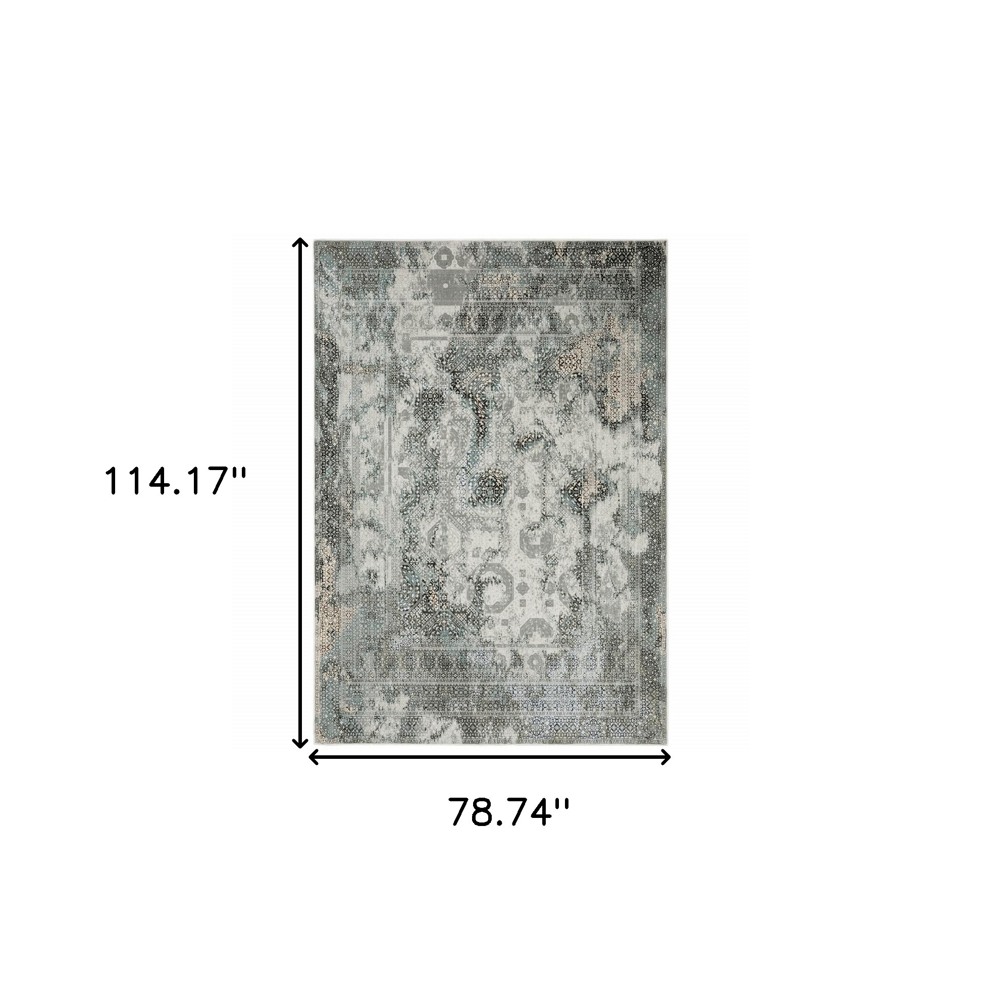 6" X 9" Ivory Grey Charcoal Blue And Rust Oriental Power Loom Stain Resistant Area Rug