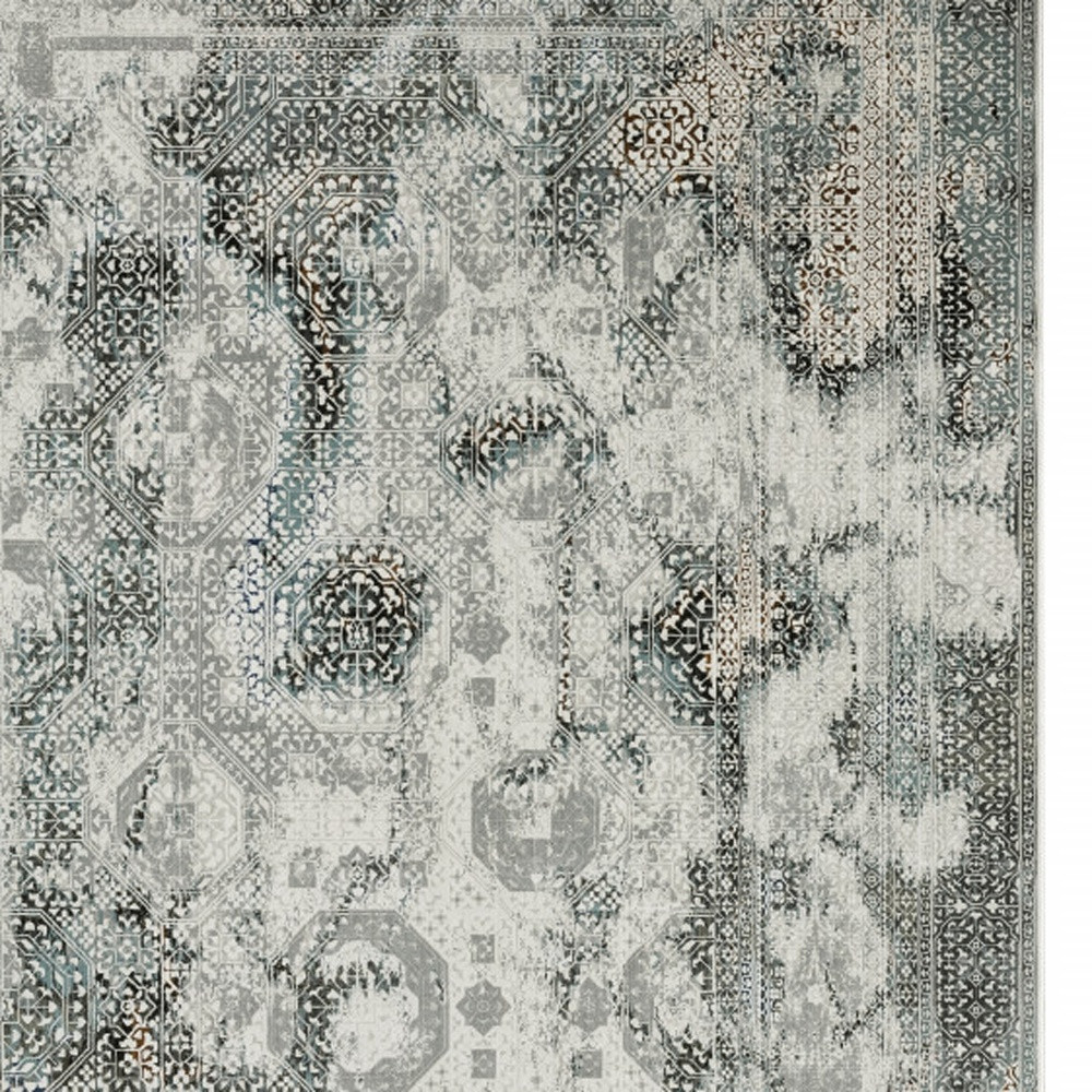 10" X 13" Ivory Grey Charcoal Blue And Rust Oriental Power Loom Stain Resistant Area Rug