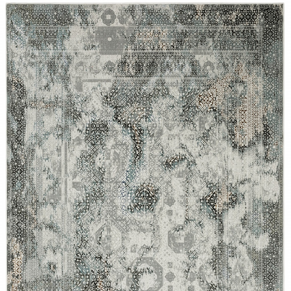 10" X 13" Ivory Grey Charcoal Blue And Rust Oriental Power Loom Stain Resistant Area Rug