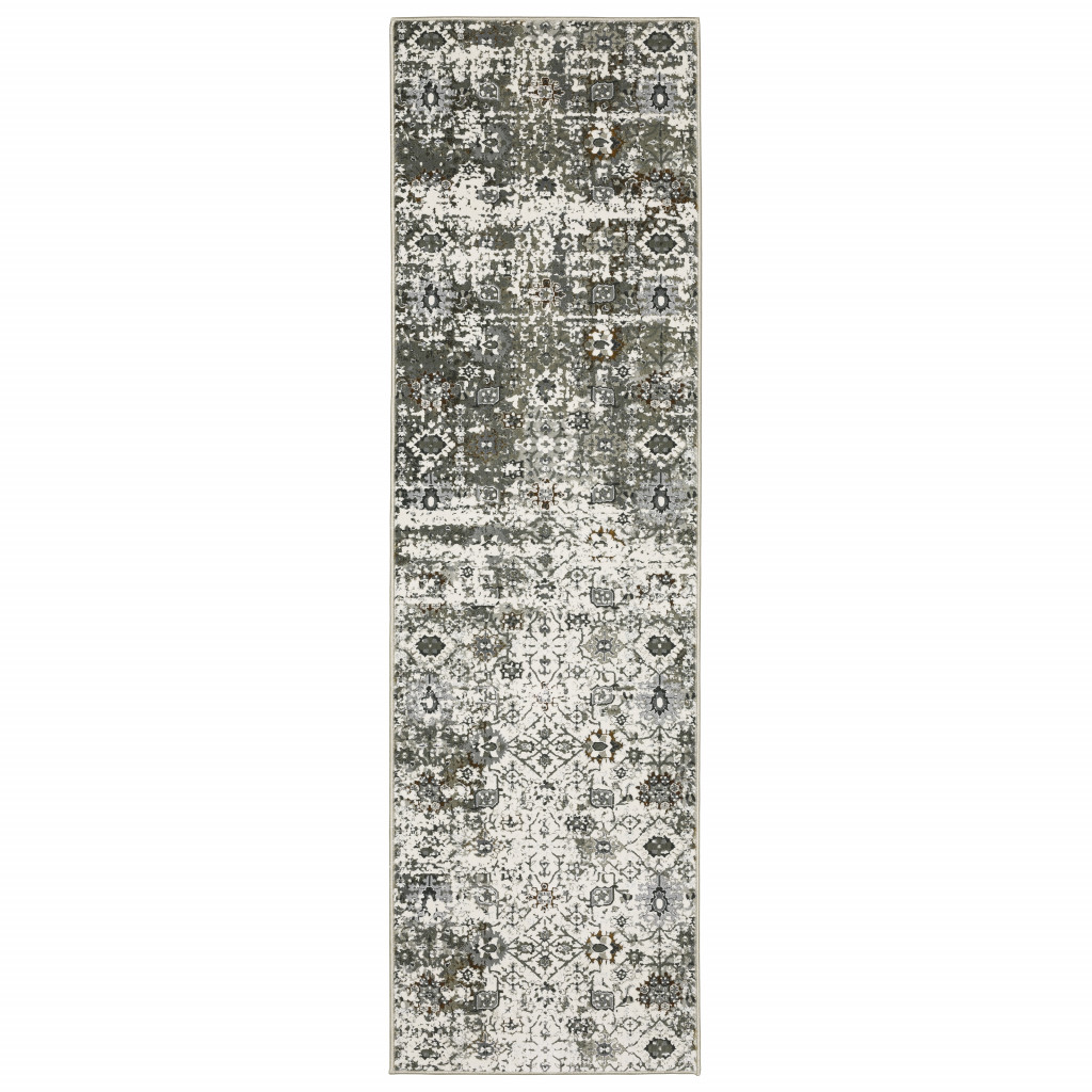 2 X 8 Ivory grey charcoal Rust gold And Brown Oriental Power Loom Stain Resistant Runner Rug
