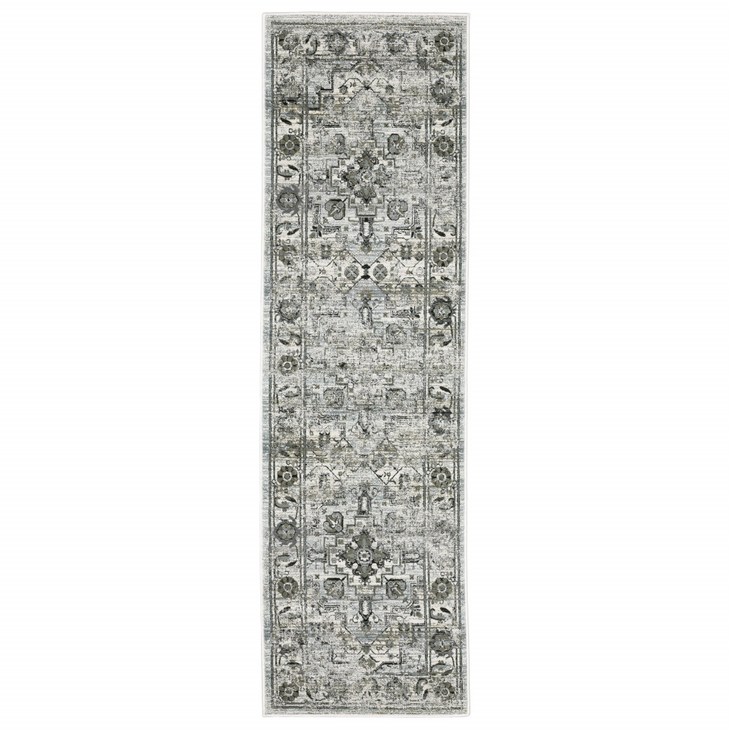 2" X 8" Ivory Grey Charcoal Blue And Taupe Oriental Power Loom Stain Resistant Runner Rug