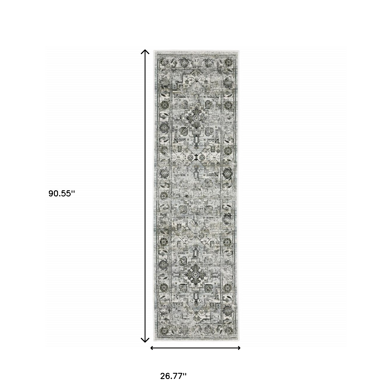 2" X 8" Ivory Grey Charcoal Blue And Taupe Oriental Power Loom Stain Resistant Runner Rug