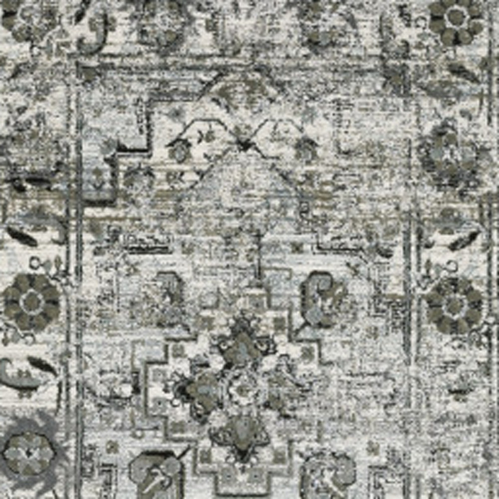 2" X 8" Ivory Grey Charcoal Blue And Taupe Oriental Power Loom Stain Resistant Runner Rug