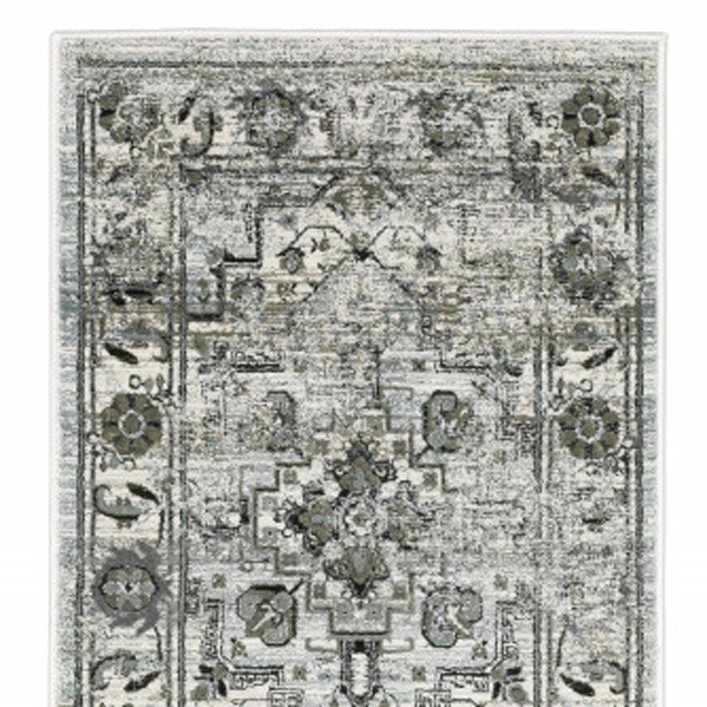 2" X 8" Ivory Grey Charcoal Blue And Taupe Oriental Power Loom Stain Resistant Runner Rug