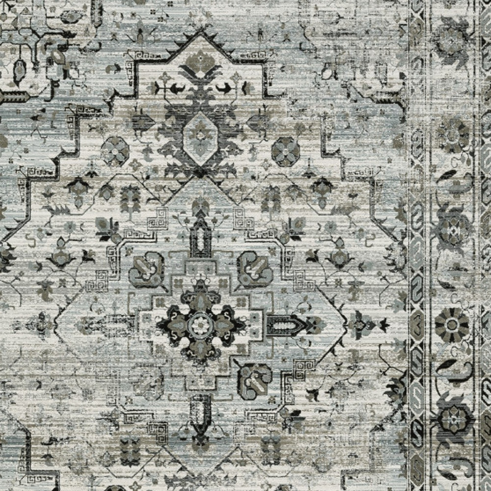 5" X 8" Ivory Grey Charcoal Blue And Taupe Oriental Power Loom Stain Resistant Area Rug