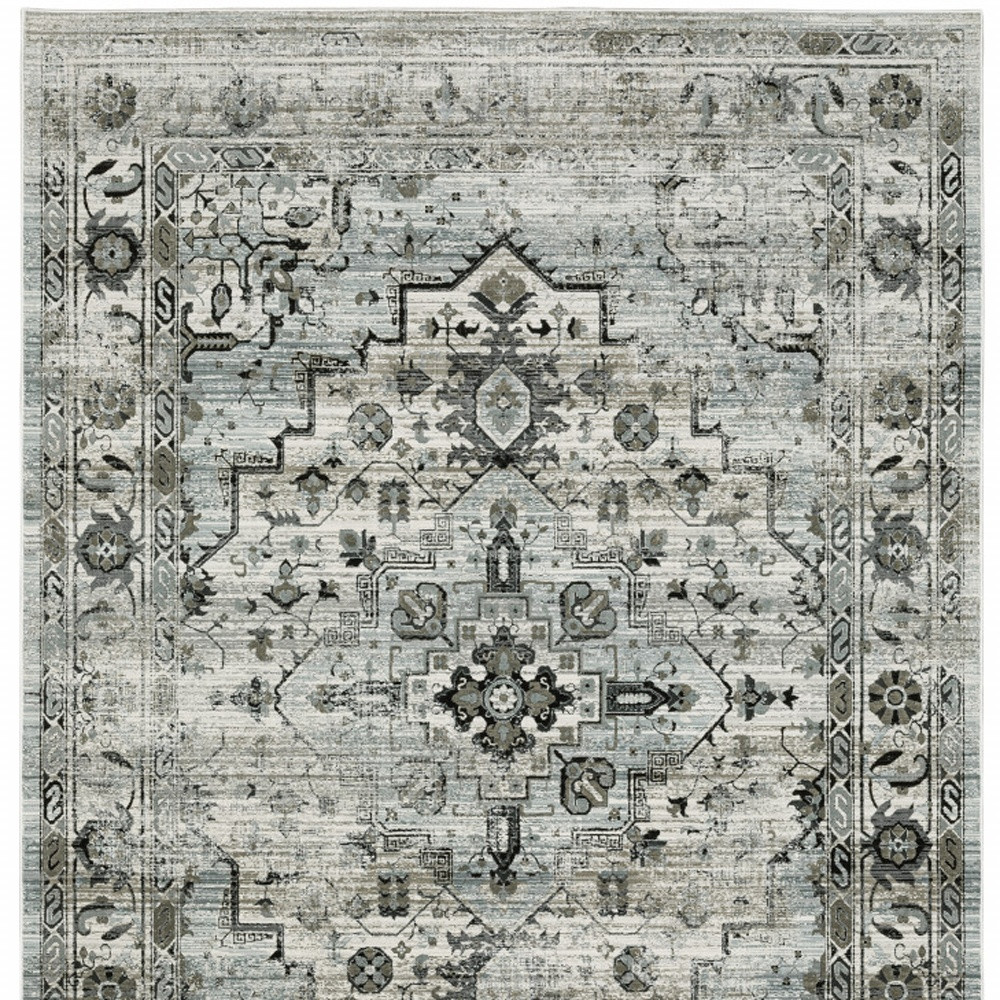 5" X 8" Ivory Grey Charcoal Blue And Taupe Oriental Power Loom Stain Resistant Area Rug
