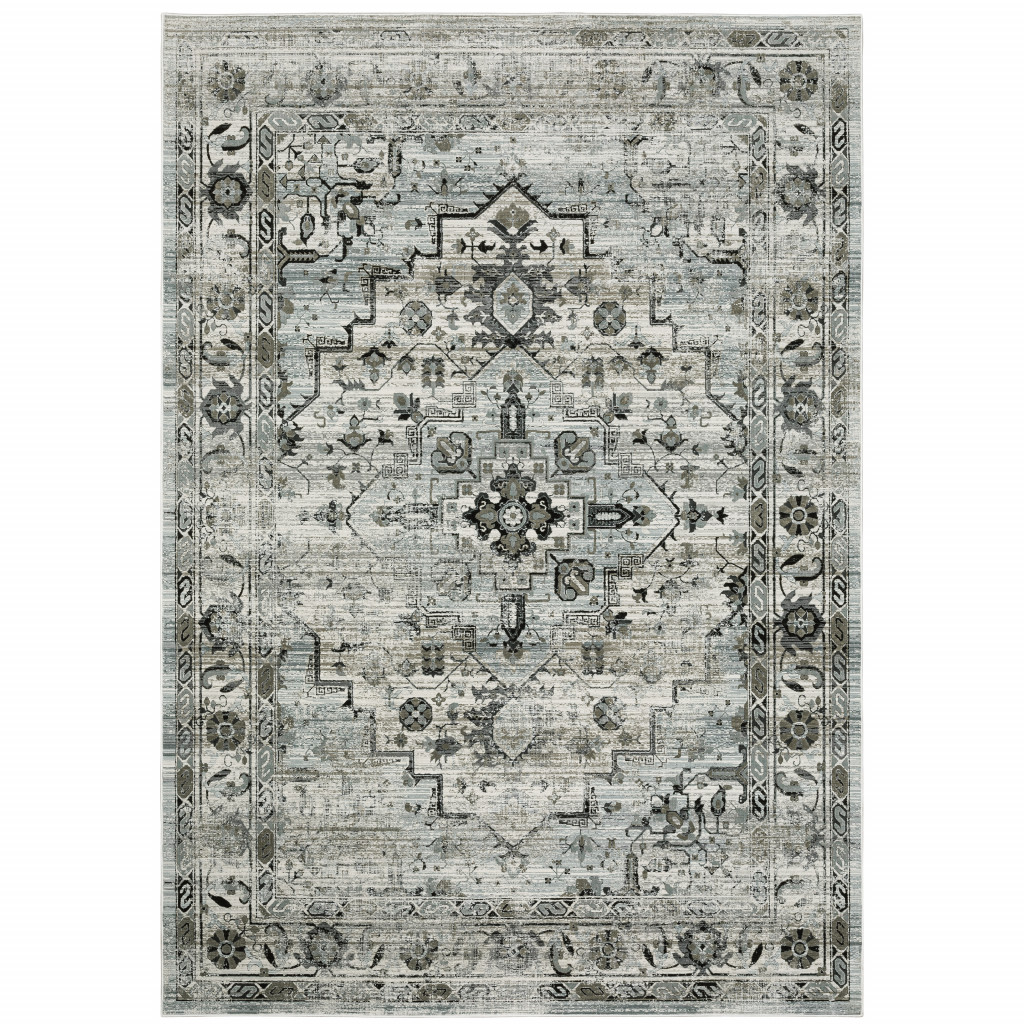 10" X 13" Ivory Grey Charcoal Blue And Taupe Oriental Power Loom Stain Resistant Area Rug