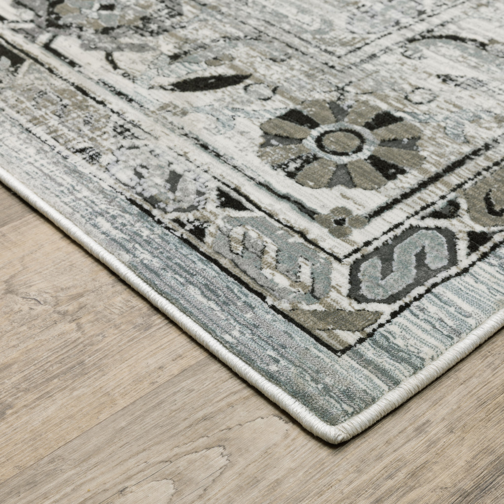 10" X 13" Ivory Grey Charcoal Blue And Taupe Oriental Power Loom Stain Resistant Area Rug