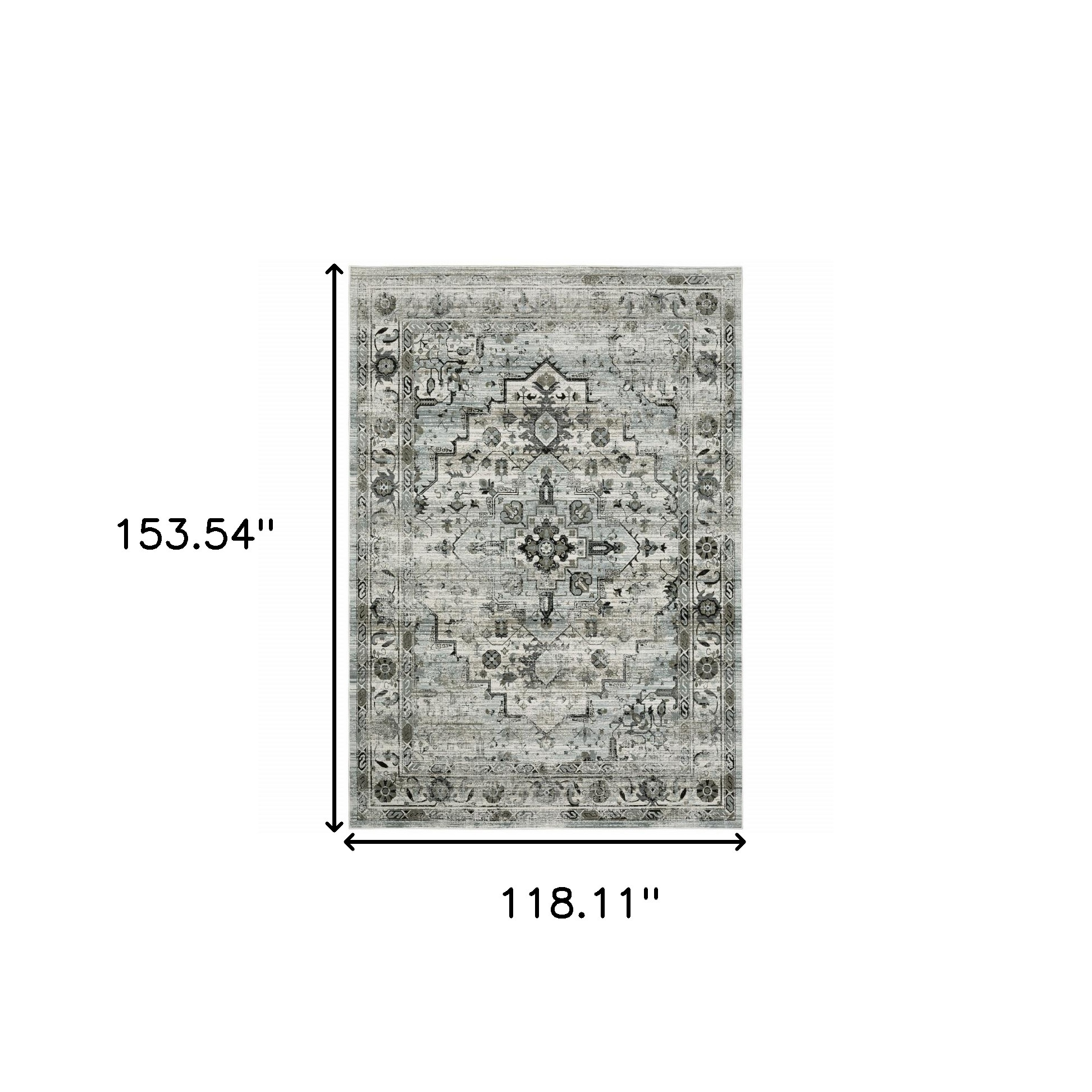10" X 13" Ivory Grey Charcoal Blue And Taupe Oriental Power Loom Stain Resistant Area Rug