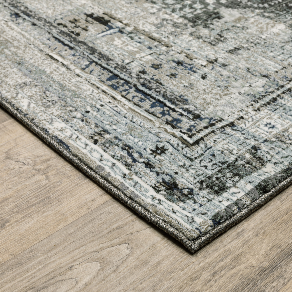 2" X 8" Charcoal Grey Blue Ivory And Taupe Oriental Power Loom Stain Resistant Runner Rug