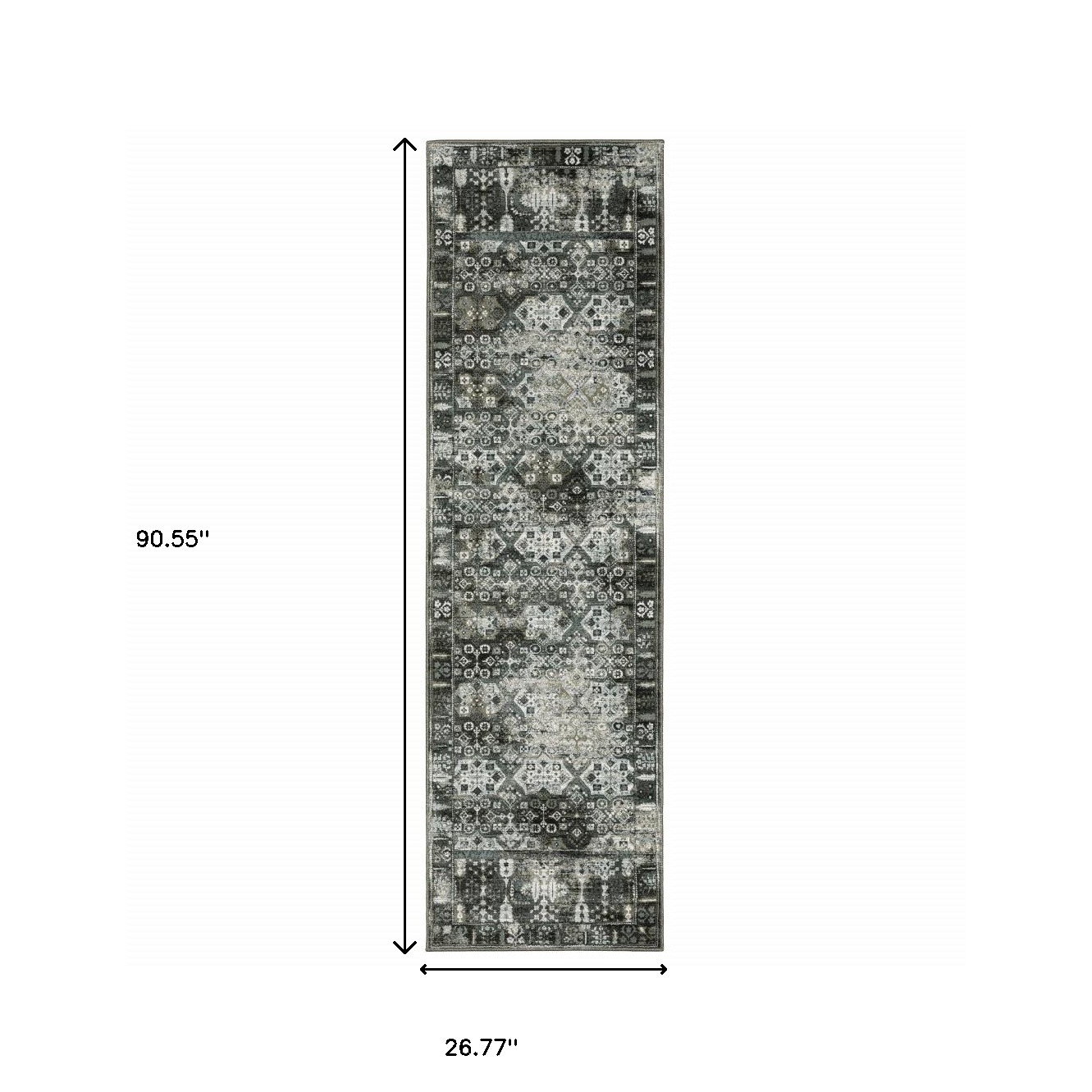 2" X 8" Charcoal Grey Blue Ivory And Taupe Oriental Power Loom Stain Resistant Runner Rug