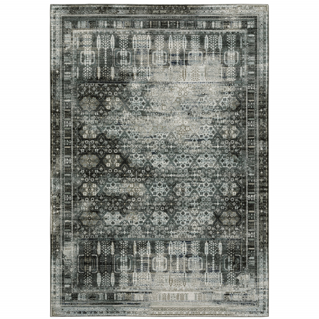 10" X 13" Gray And Ivory Oriental Power Loom Area Rug