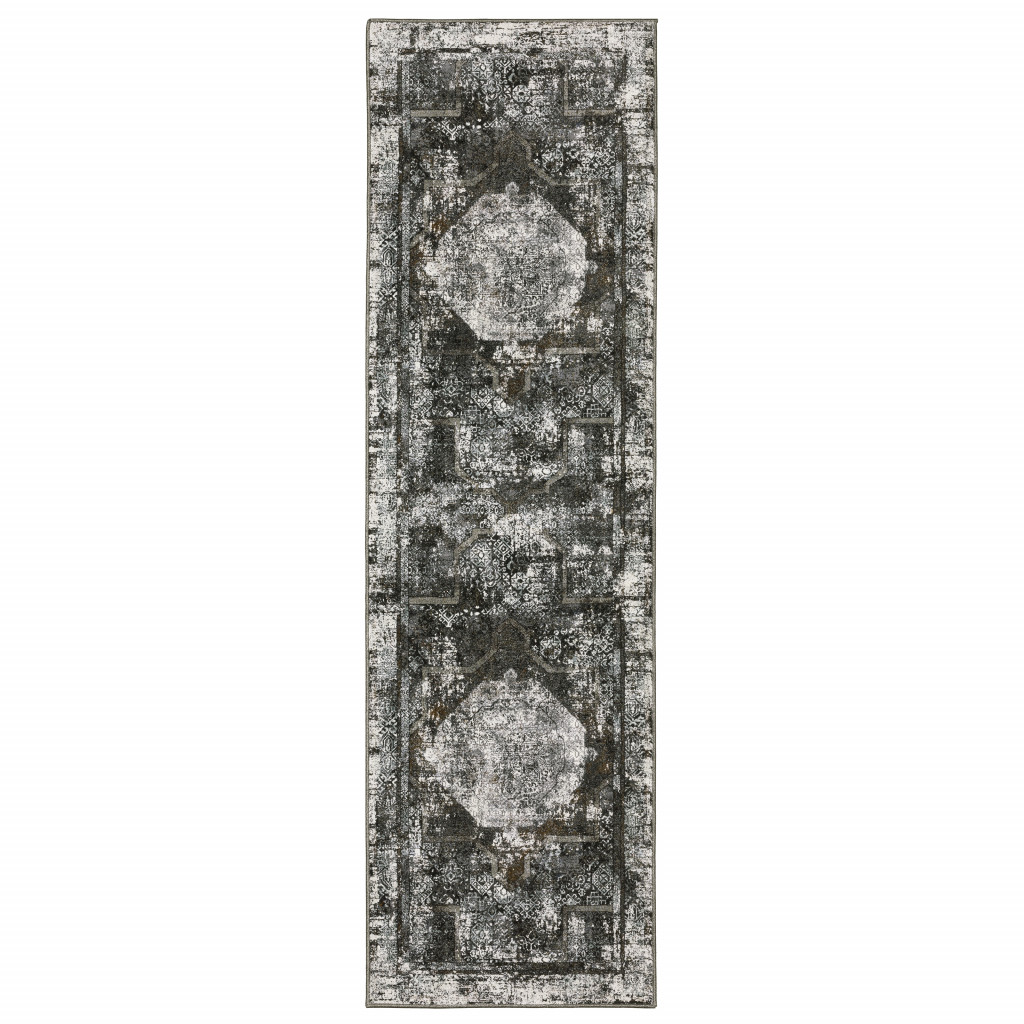 2 X 8 charcoal Rust grey Blue Ivory And Brown Oriental Power Loom Stain Resistant Runner Rug