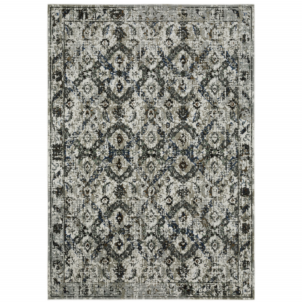 7" X 10" Ivory and Black Oriental Power Loom Area Rug
