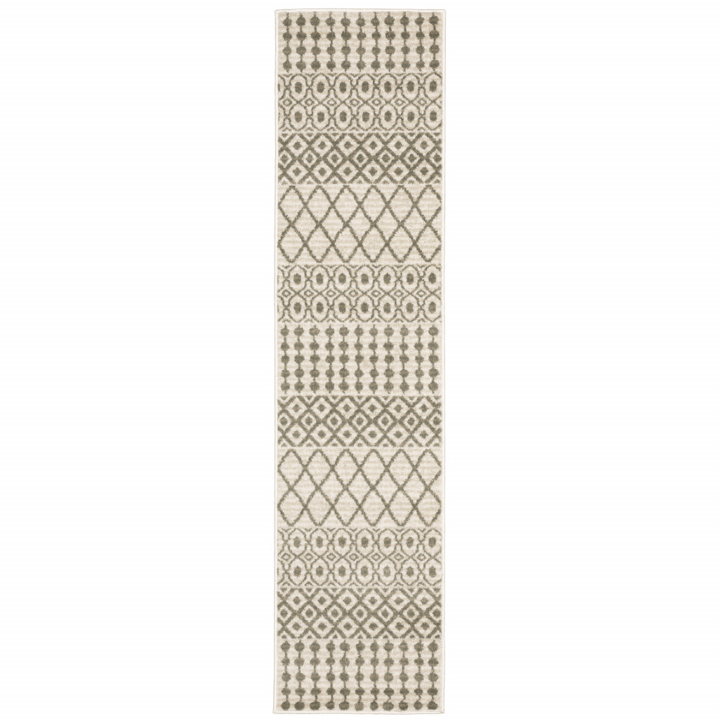 2" X 8" Ivory And Grey Geometric Power Loom Stain Resistant Runner Rug
