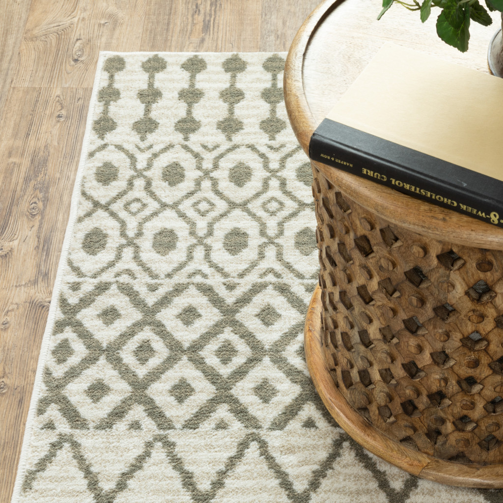 2" X 8" Ivory And Grey Geometric Power Loom Stain Resistant Runner Rug