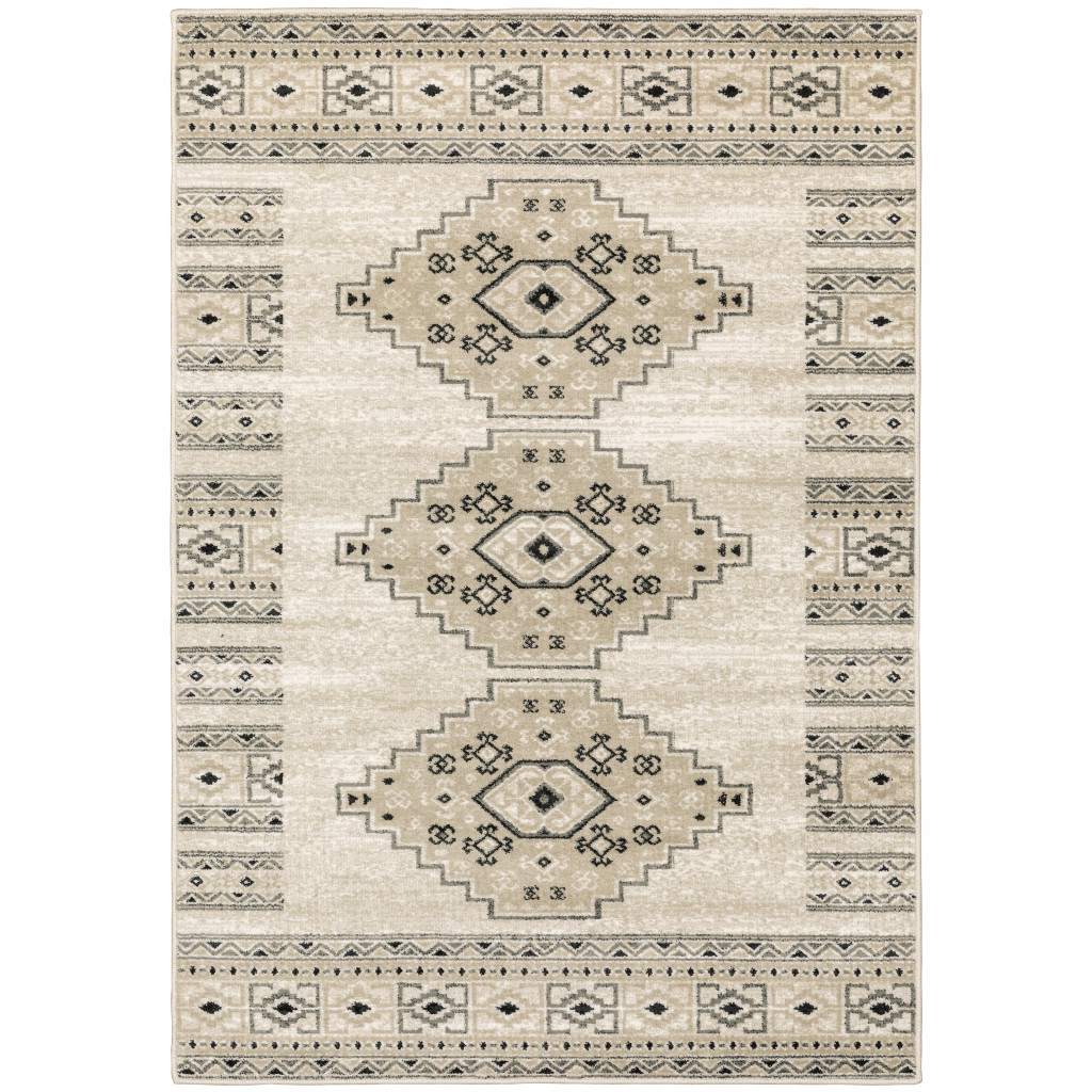 6" X 9" Ivory Grey Black And Ivory Southwestern Power Loom Stain Resistant Area Rug