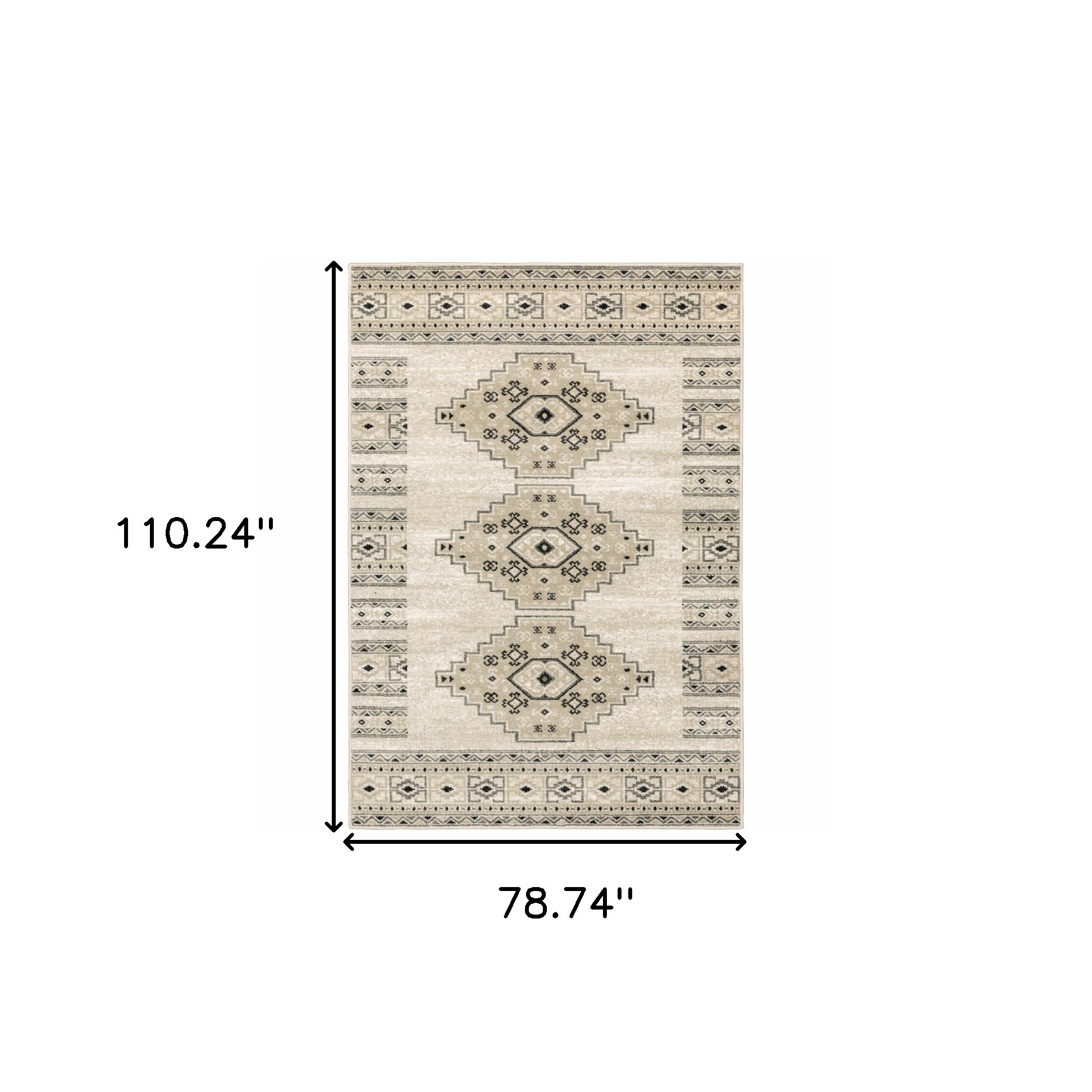 6" X 9" Ivory Grey Black And Ivory Southwestern Power Loom Stain Resistant Area Rug