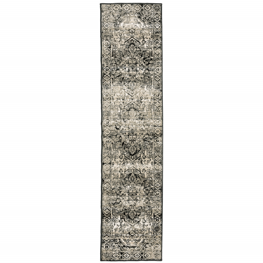 2 X 8 Black grey Tan And Ivory Oriental Power Loom Stain Resistant Runner Rug