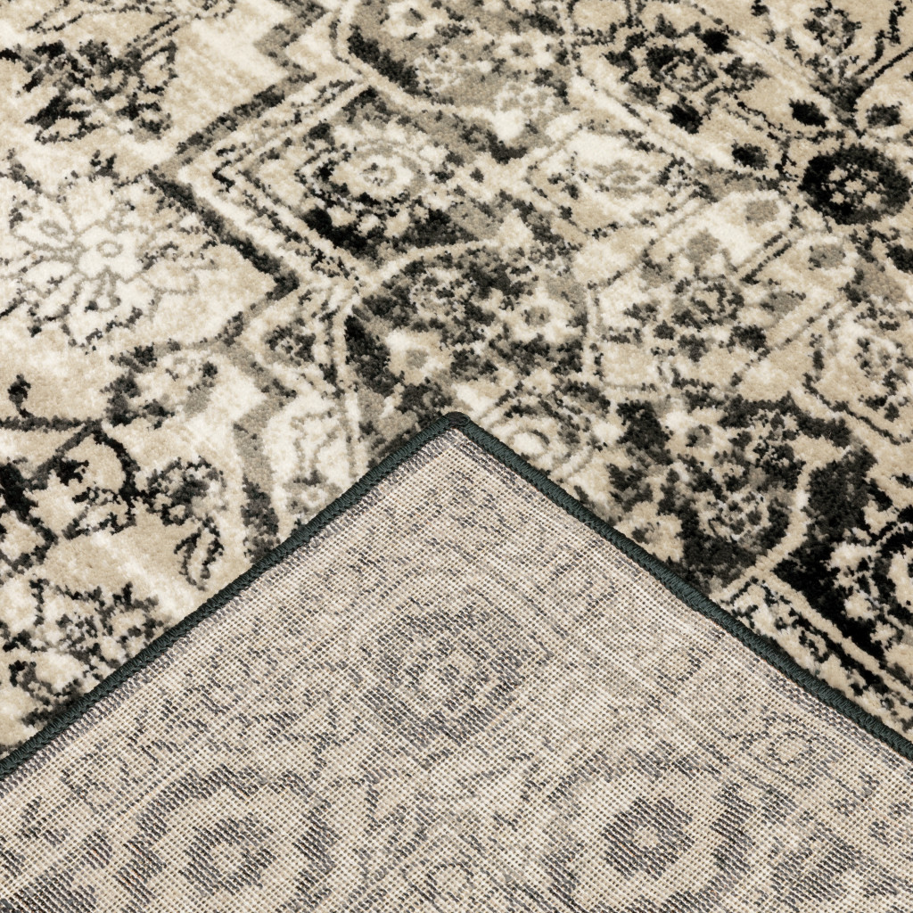 2 X 8 Black grey Tan And Ivory Oriental Power Loom Stain Resistant Runner Rug