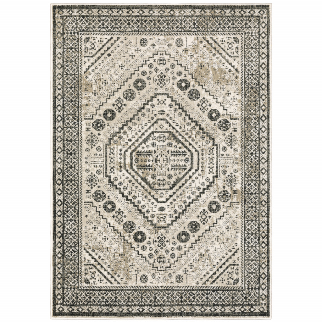 5 X 7 Ivory grey Black And Ivory Oriental Power Loom Stain Resistant Area Rug