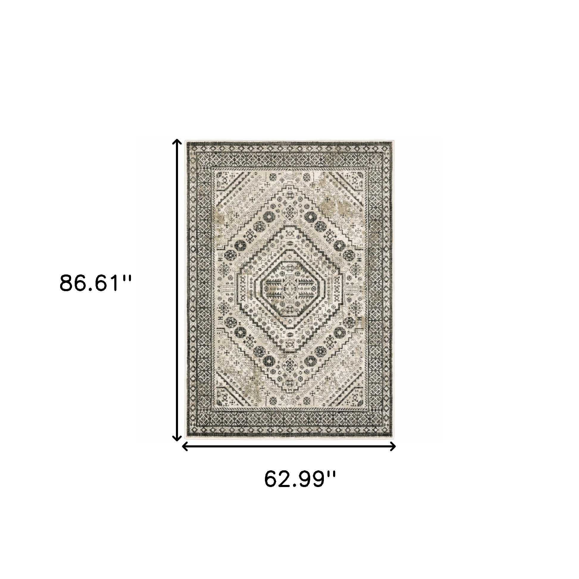 5" X 7" Ivory Grey Black And Ivory Oriental Power Loom Stain Resistant Area Rug