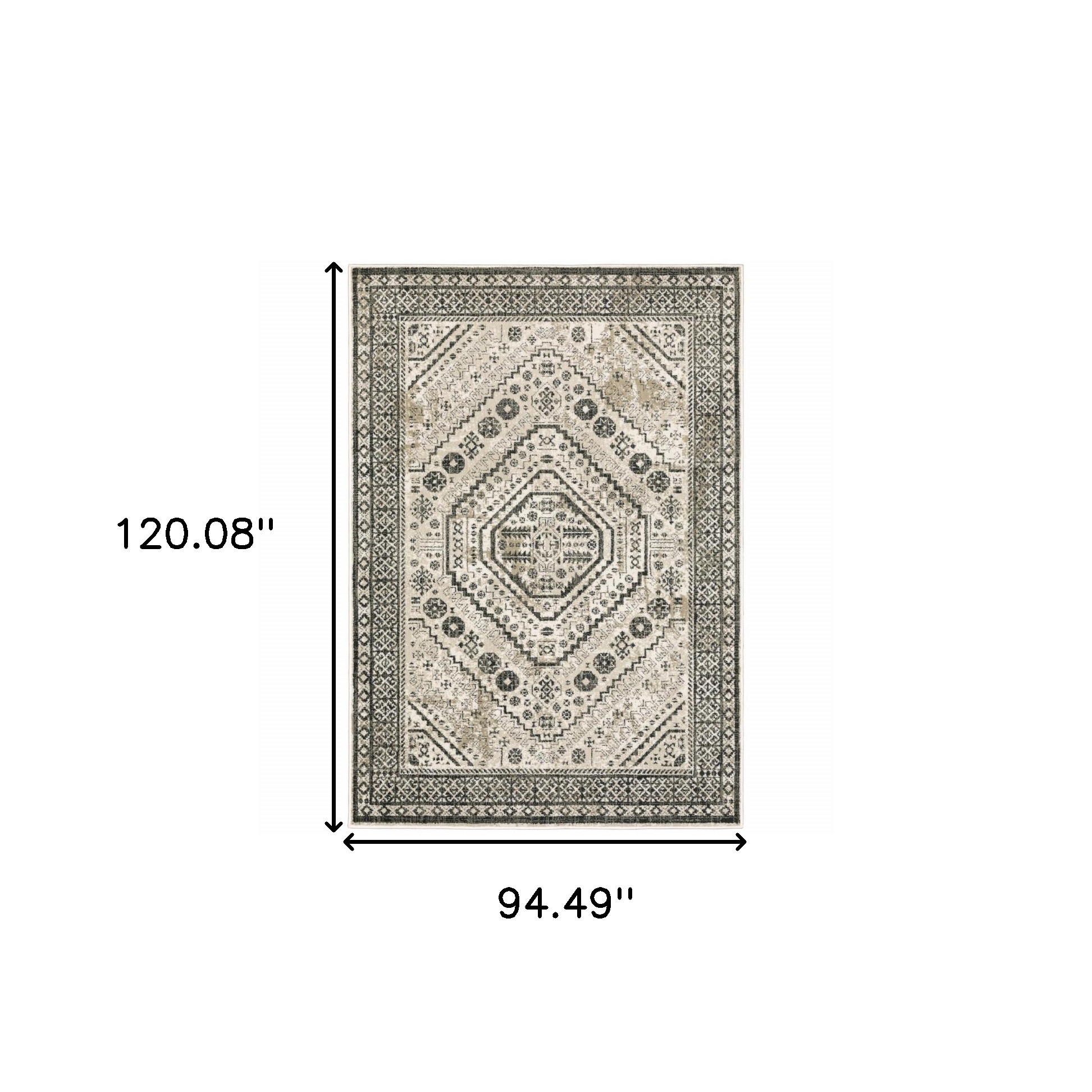 8" X 10" Ivory Grey Black And Ivory Oriental Power Loom Stain Resistant Area Rug