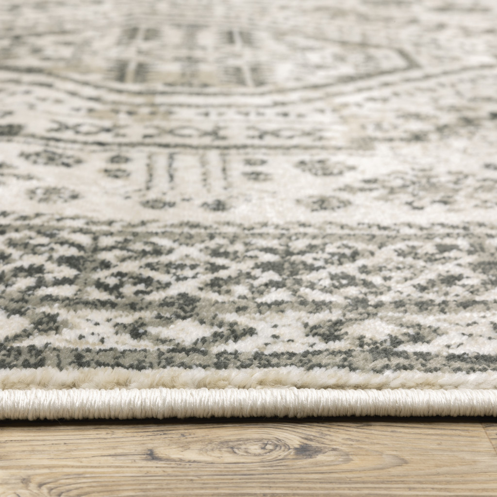 8" X 10" Ivory Grey Black And Ivory Oriental Power Loom Stain Resistant Area Rug