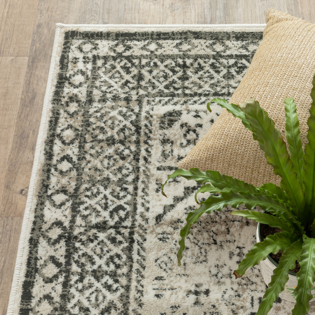 8" X 10" Ivory Grey Black And Ivory Oriental Power Loom Stain Resistant Area Rug