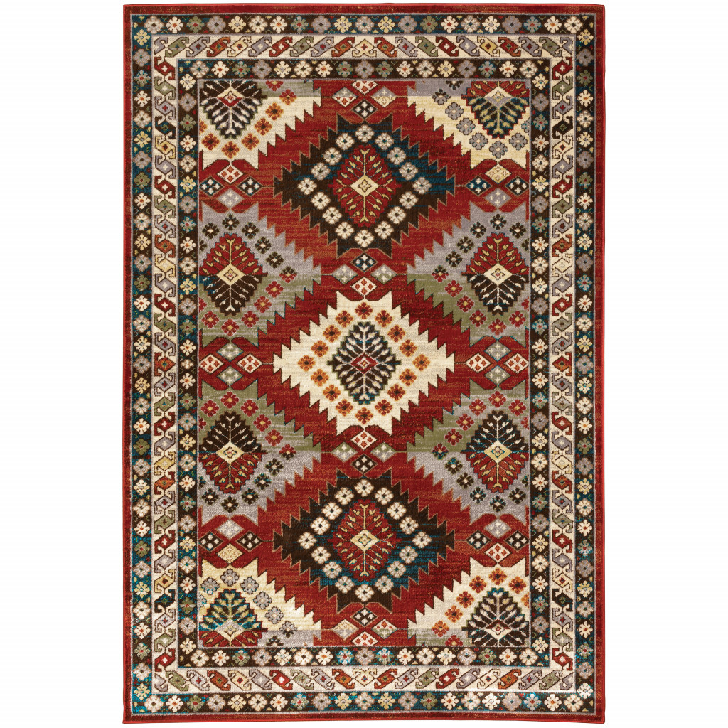 10' X 13' Red Deep Teal Ivory Grey And Green Southwestern Power Loom Stain Resistant Area Rug-509060-1