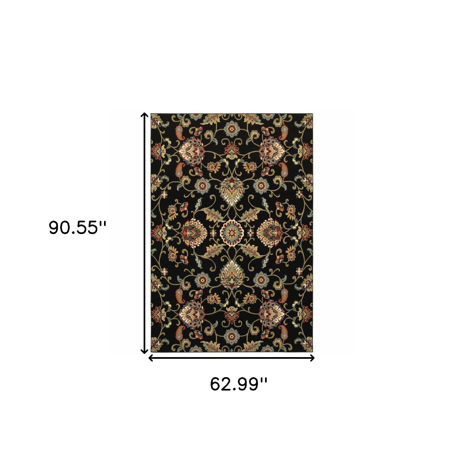5" X 8" Black Red Green Ivory Salmon And Yellow Floral Power Loom Stain Resistant Area Rug
